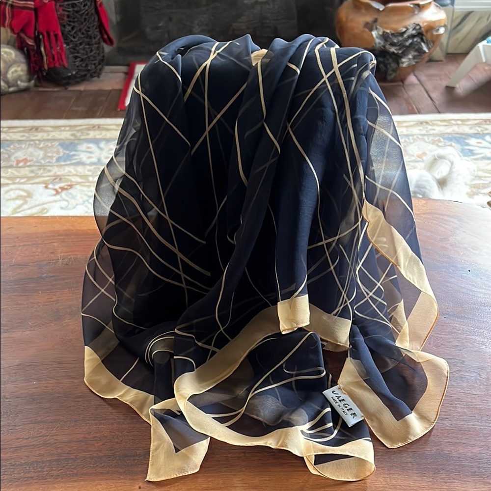 Sale!! Jaeger Ladies Elegant Navy and Gold Sheer Scarf